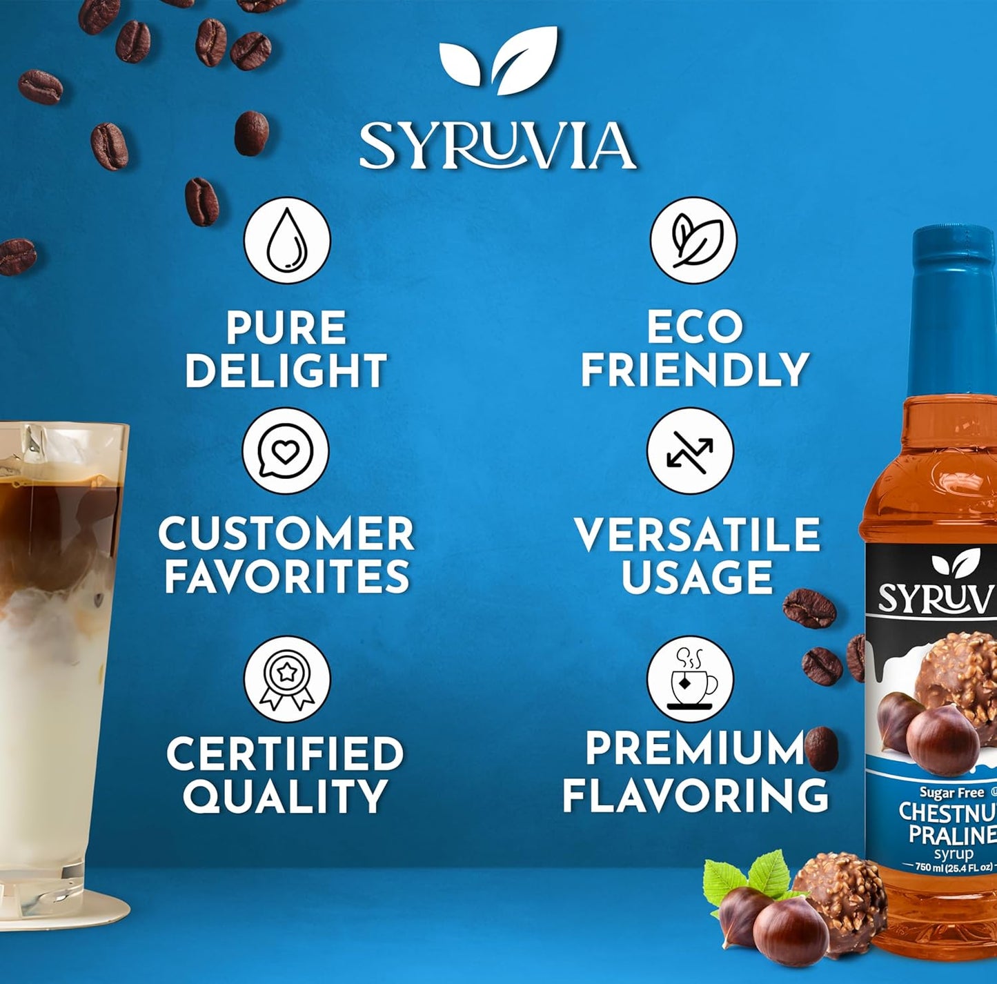 Syruvia Sugar Free Coffee Syrup, Chestnut Praline Flavored Syrup for Drinks, Lattes, and Desserts – 25.4 fl oz