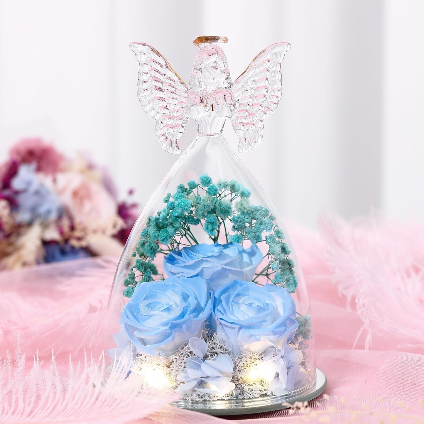 Christmas Rose Gifts for Women Preserved Real Flower in Glass Angel Figurines Roses for Delivery Prime Birthday Gifts for Mom Grandma Girlfriend Wife Her, Sky Blue White