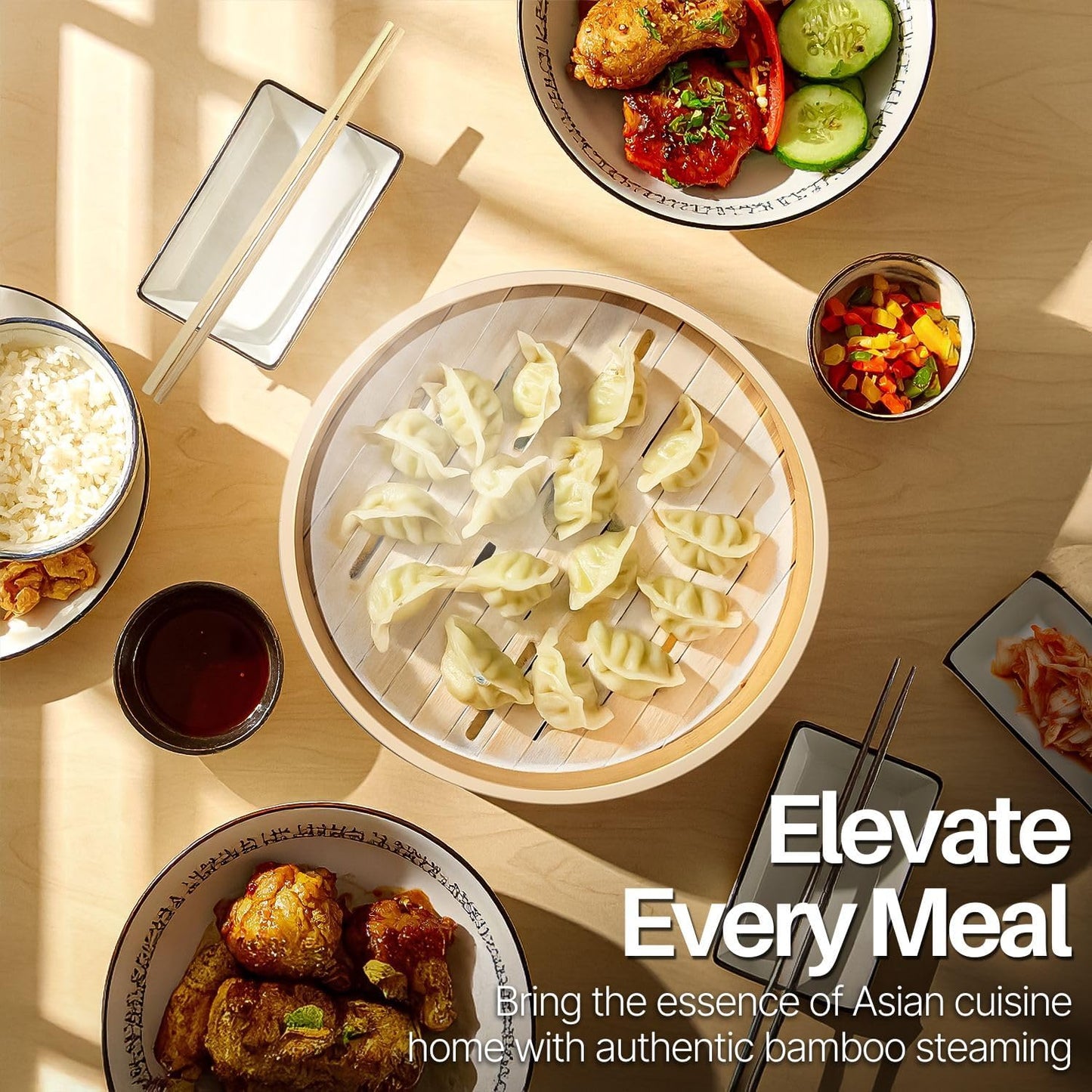 Flexzion Bamboo Steamer Basket Set (8 inch), 50 x Steamer Liners and 2 Pairs of Chopsticks, Steam Baskets for DimSum Dumplings, Rice, Vegetables, Fish and Meat