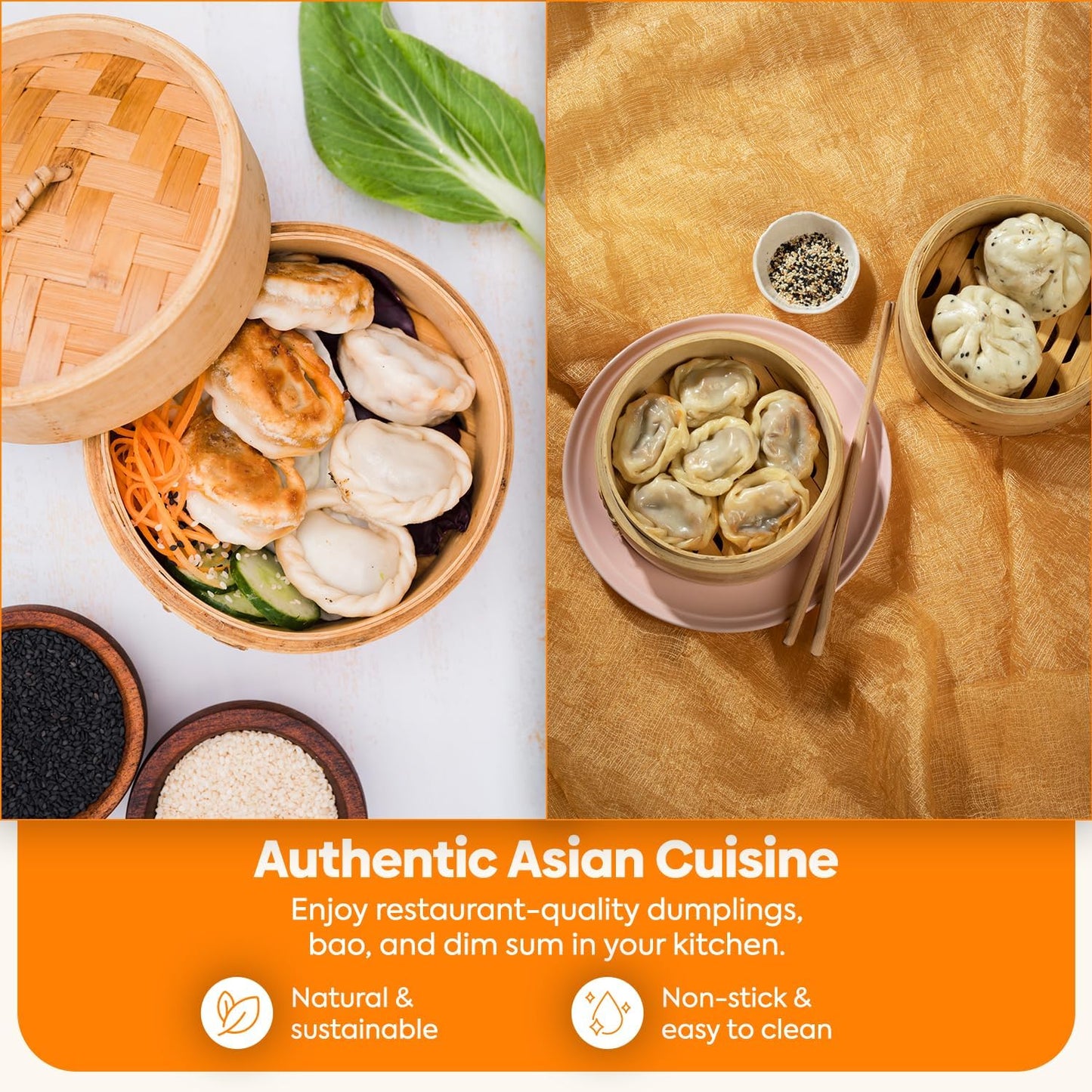 10 Inch Bamboo Steamer – 2 Tier Wooden Basket with Lid, Ring Adapter & Reusable Liners – Dumpling, Bao Bun, Dim Sum & Vegetable Steamer for Healthy Asian Cooking