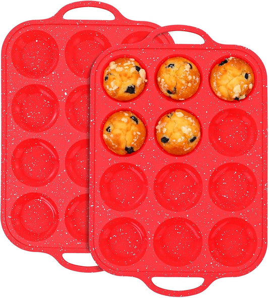 Silicone Muffin Pans for Baking, with Metal Reinforced Frame, Dishwasher Safe BPA Free Nonstick Silicone Cupcake Pan 12 Cups for Baking Homemade Muffins, Cupcakes - 2 Pack