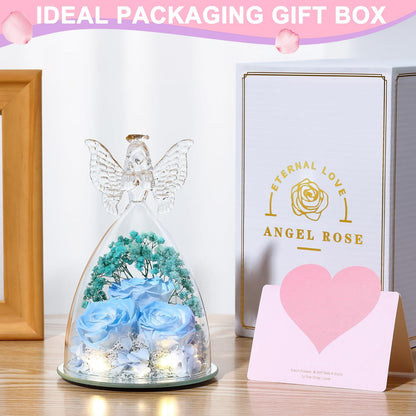 Christmas Rose Gifts for Women Preserved Real Flower in Glass Angel Figurines Roses for Delivery Prime Birthday Gifts for Mom Grandma Girlfriend Wife Her, Sky Blue White