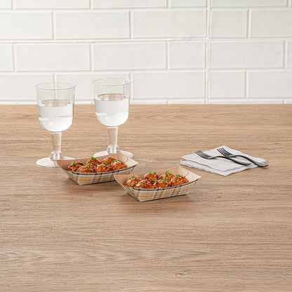 Restaurantware-Bio Tek 4 Ounce Paper Boats, 50 Disposable #25 Food Trays - PE Lining, Durable, Plaid Print Paper Food Baskets, For Concession Stands, Picnics, or Fairs