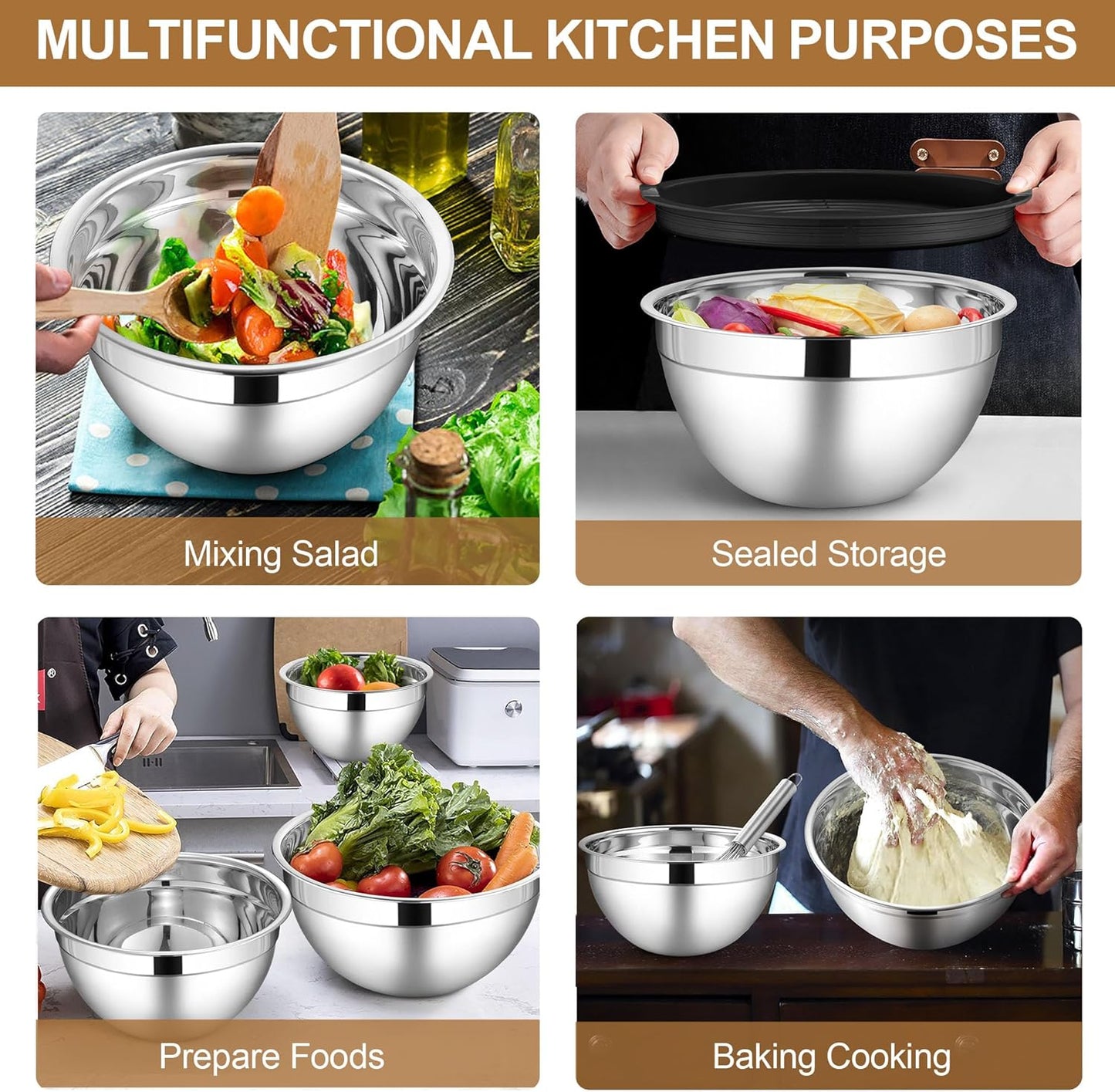 LIANYU 6 Piece Mixing Bowls with Lids Set, Size 7 & 3.5 & 2.5 & 2 & 1.5 & 1QT, Stainless Steel Cooking Serving Bowls, Metal Kitchen Nesting Bowl for Prepping & Food Storage, Dishwasher Safe, Khaki
