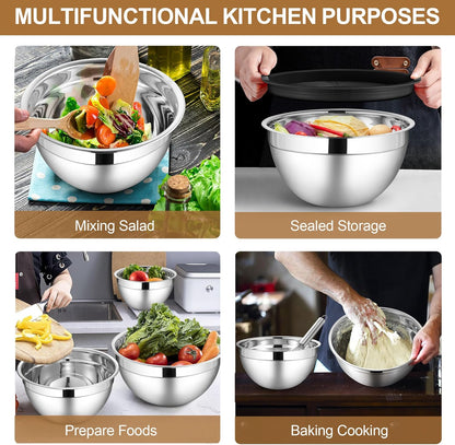 LIANYU 6 Piece Mixing Bowls with Lids Set, Size 7 & 3.5 & 2.5 & 2 & 1.5 & 1QT, Stainless Steel Cooking Serving Bowls, Metal Kitchen Nesting Bowl for Prepping & Food Storage, Dishwasher Safe, Khaki