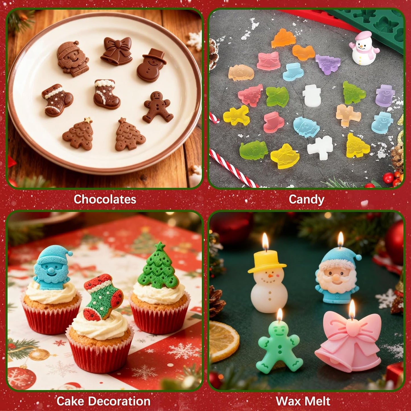 2 Pcs Christmas Silicone Molds, Christmas Tree Christmas Stocking Santa Claus Gingerbread Man Snowman Bell Molds, Xmas Non-stick Baking Mold for DIY Xmas Cake, Chocolate, Candy, Jelly, Gummy