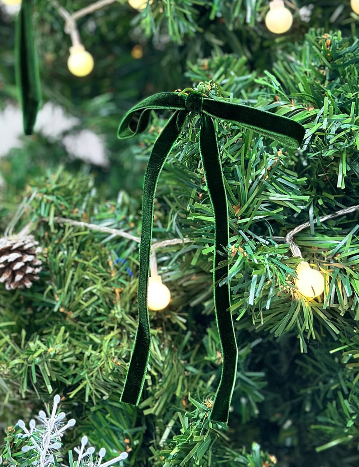 SIMISI RIBBON 24Pcs Green Christmas Velvet Ribbon Bows Decorations Xmas Ornaments Vintage Decor for Tree, Wreath, Garland (3/8'' Width, 5 * 7 inch)