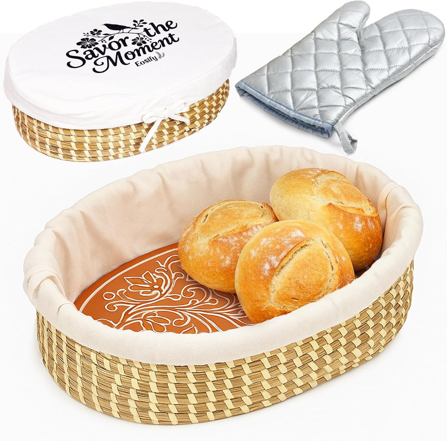 Bread Warmer Basket with Stone (Large Oval 13.8 x 9.5) - Bread Baskets for Serving with Liner, Lid & Heat-Resistant Glove, Terracotta Serving Basket for Rolls & Tortillas, Housewarming & Kitchen Gifts