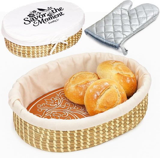 Bread Warmer Basket with Stone (Large Oval 13.8 x 9.5) - Bread Baskets for Serving with Liner, Lid & Heat-Resistant Glove, Terracotta Serving Basket for Rolls & Tortillas, Housewarming & Kitchen Gifts