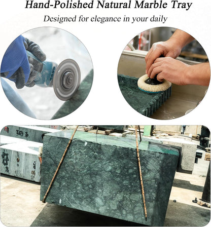 Natural Marble Tray for Bathroom, Real Stone Decorative Vanity Tray with Fluted Edge, Large Marble Serving Storage Tray for Kitchen Counter, Dresser, Home Decor, 11.8" x 8", Dark Indian Green