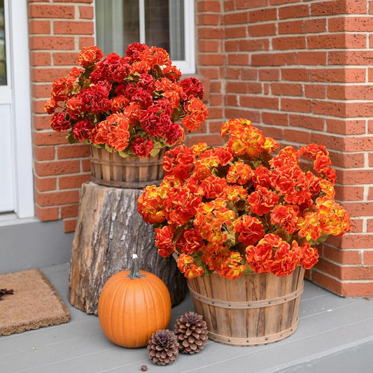 Fake Geraniums Artificial Flowers for Outdoors Fall Autumn Decoration, 6 Bundles Silk Geraniums Look Real Faux Fall Flowers Plants for Front Door Garden Planter Patio Balcony Yard Home Indoor, Mix