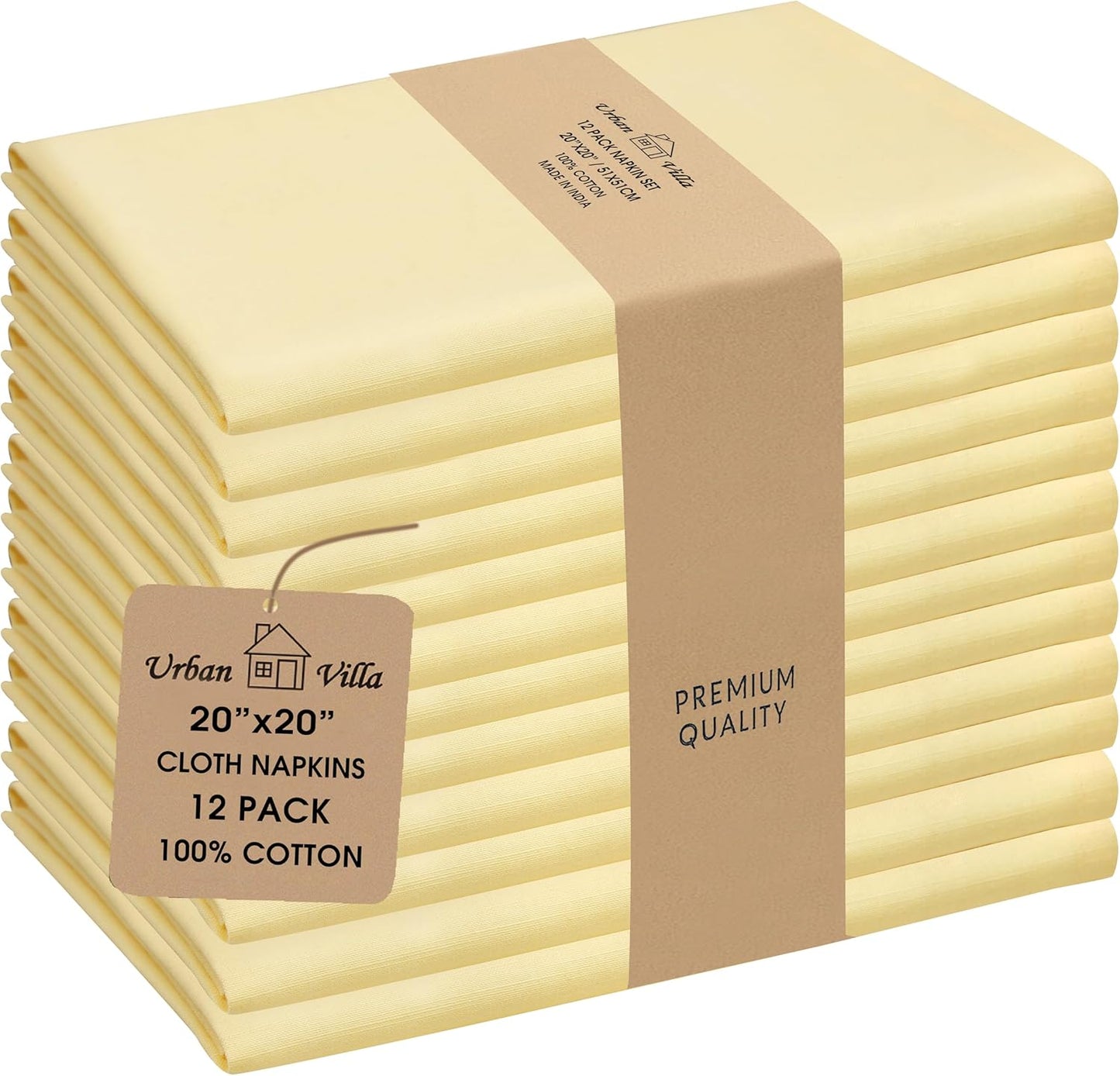 Urban Villa Cloth Napkins Set of 12 (20x20 Inches) 100% Cotton Napkins Cloth Washable Soft Durable Reusable Absorbent Table Dinner Napkins Cloth for Hotel Lunch Restaurant Weddings Parties – Yellow