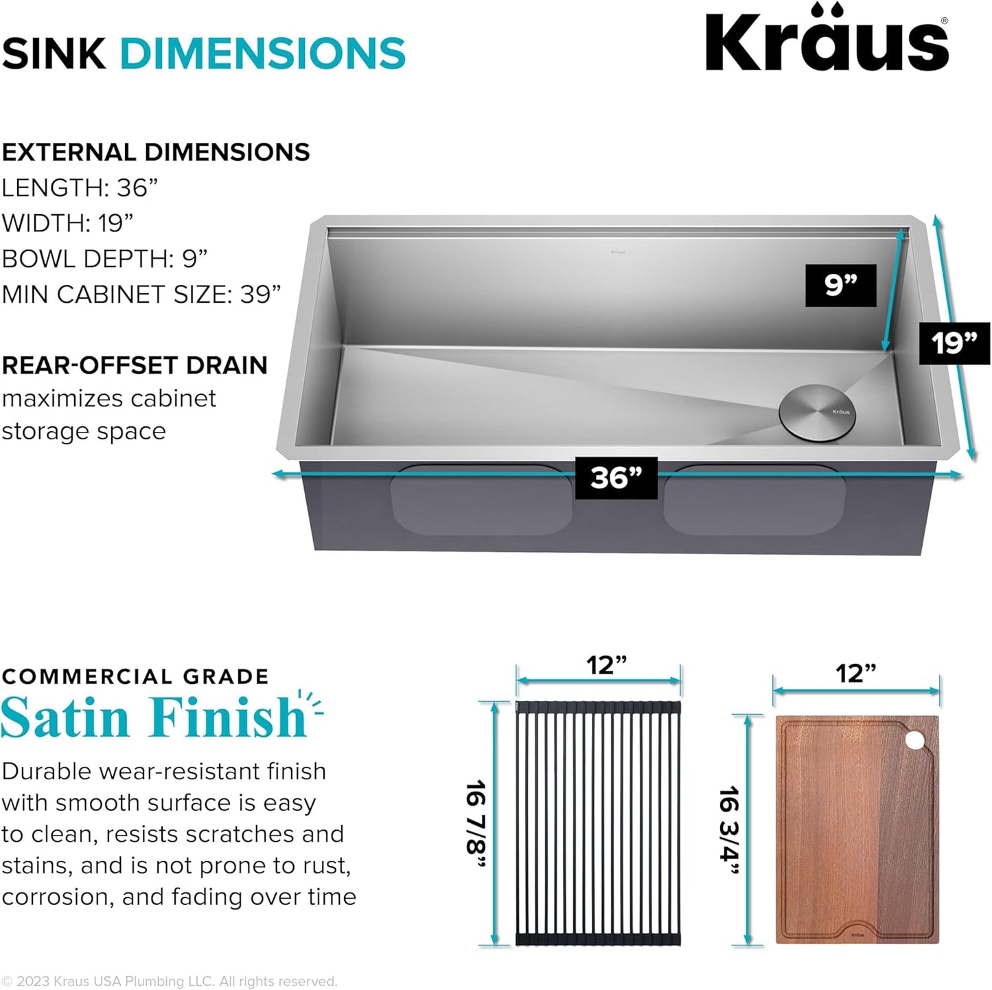 KRAUS Kore 36-Inch Undermount Workstation 16 Gauge Single Bowl Stainless Steel Kitchen Sink with Accessories, KWU110-36