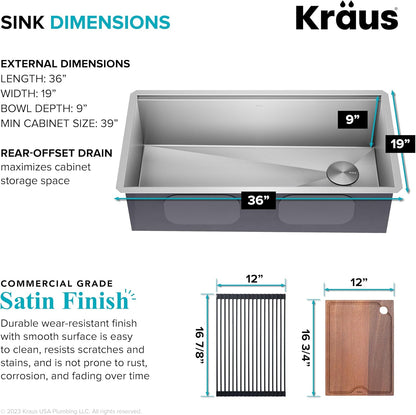 KRAUS Kore 36-Inch Undermount Workstation 16 Gauge Single Bowl Stainless Steel Kitchen Sink with Accessories, KWU110-36