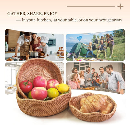 Rattan Bread Baskets for Serving, Hand Woven Food Baskets, Natural Wicker Fruit Basket for Kitchen Counter, Decorative Bread Baskets for Gifts, Snacks, Candies, Nuts, Keys, Wallets, Etc.(Wave-Combo)