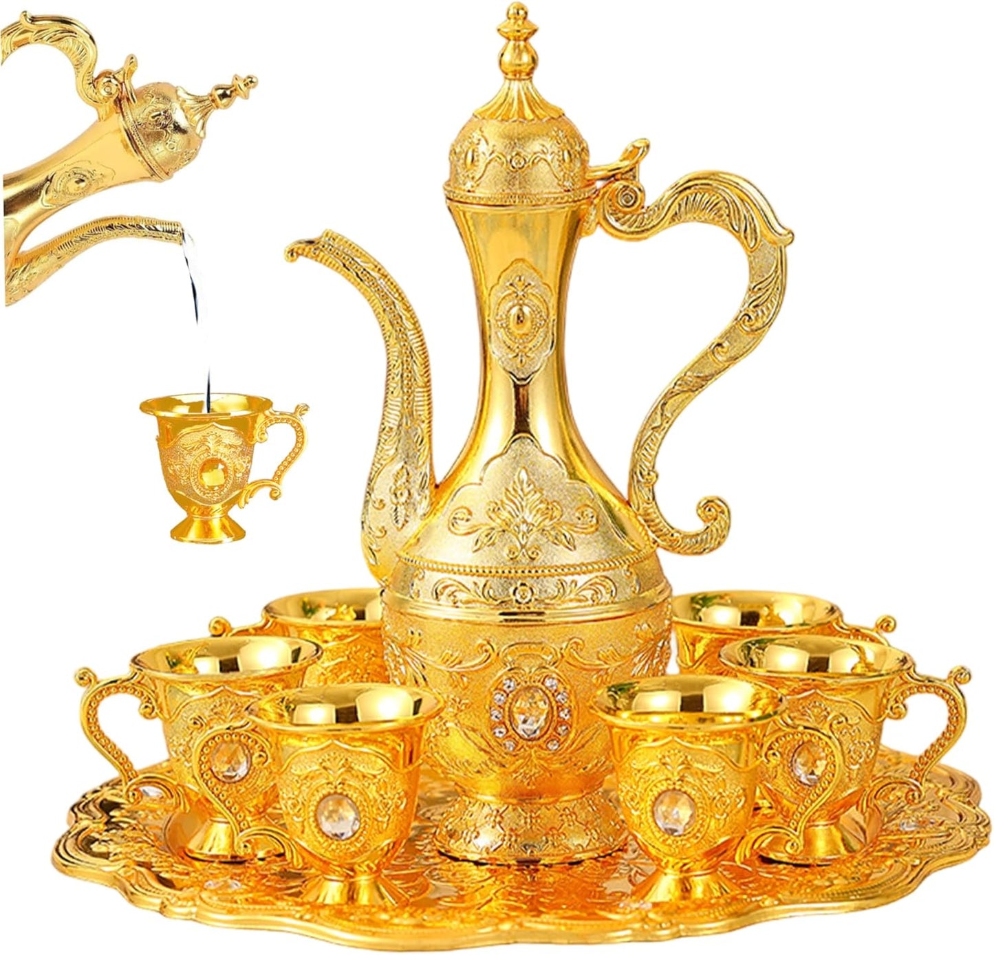 Turkish Tea Set Vintage Exquisite Golden Turkish Coffee Cup Set with Tray and 6 Cups for Home Party Decorations Kitchen Accessories