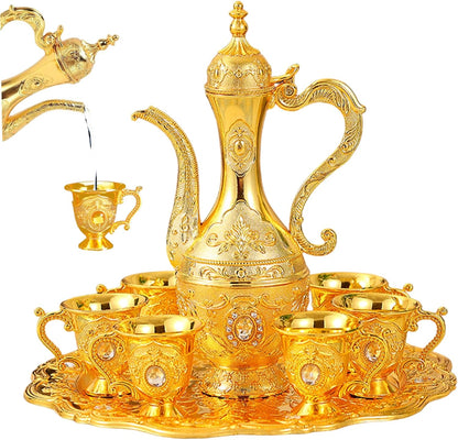 Turkish Tea Set Vintage Exquisite Golden Turkish Coffee Cup Set with Tray and 6 Cups for Home Party Decorations Kitchen Accessories
