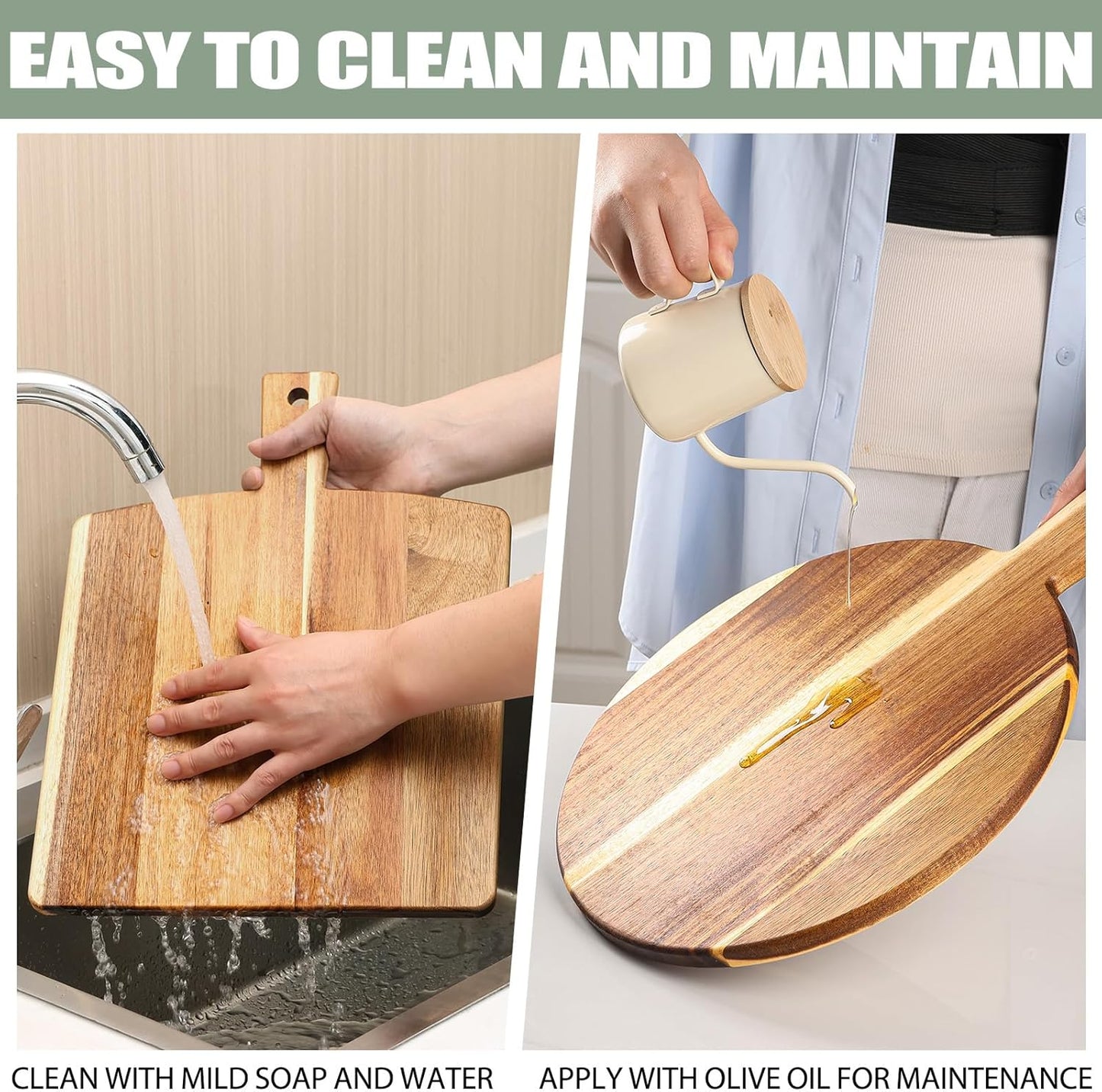 2 Pack Acacia Wood Cutting Board with Stand, Charcuterie Boards for Kitchen, Round & Rectangular Wooden Cutting Board Set for Cheese, Meat, Pizza, Vegetables, Bread(16 x 12 Inch)