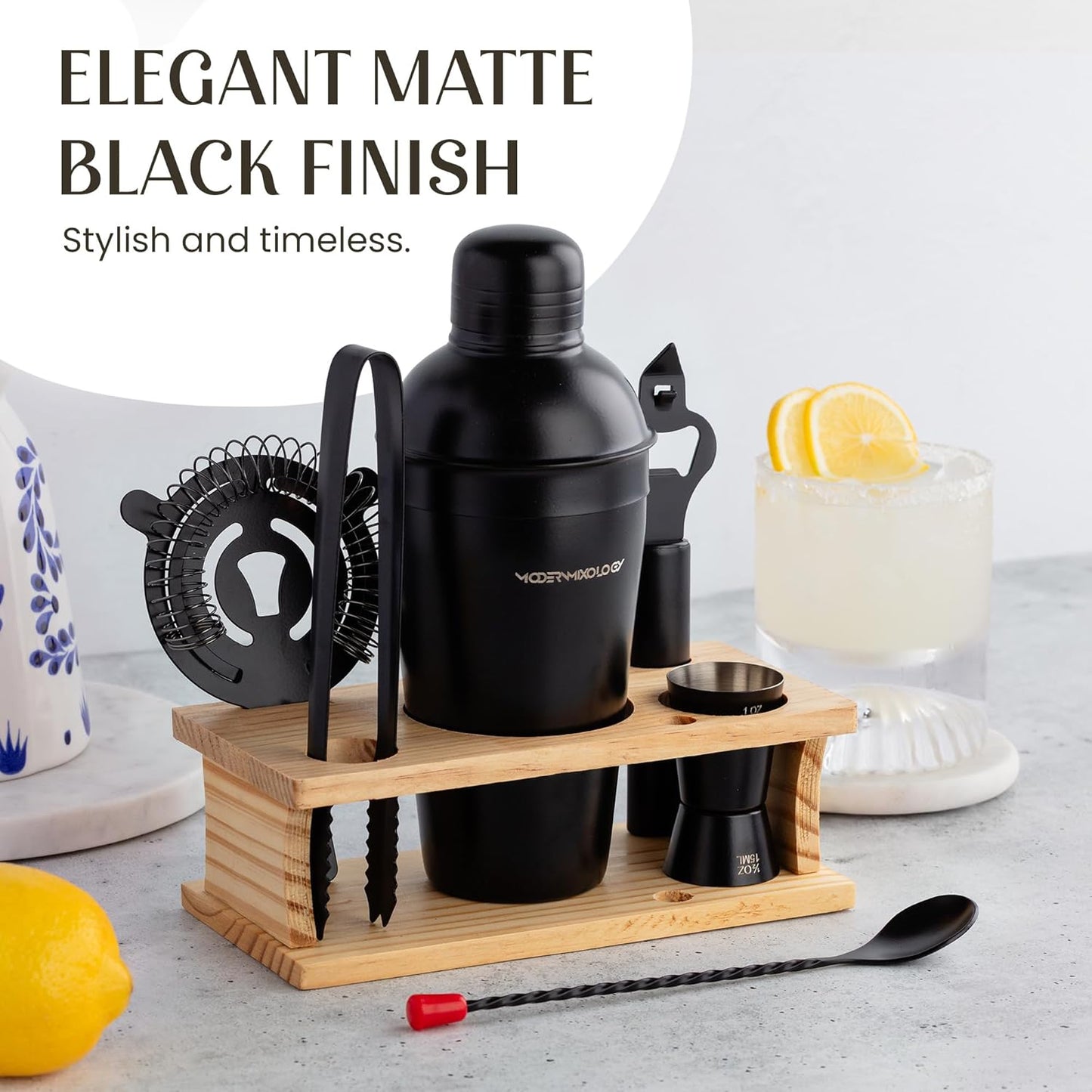 Modern Mixology Cocktail Shaker Set - 8 Piece Bartender Kit with Martini Shaker and Popular Bar Accessories on Quality Pine Stand - Leak Proof Design (Black)