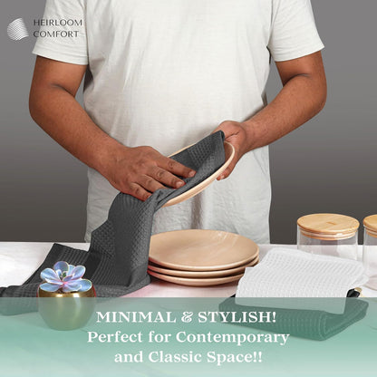 3 Pack Multi Color Waffle Weave Kitchen Towels, 16x26 Inch, 100% Cotton, Super Absorbent, Quick Dry, Hand Towels for Drying Dishes, Cleaning, Durable - White, Grey, Black