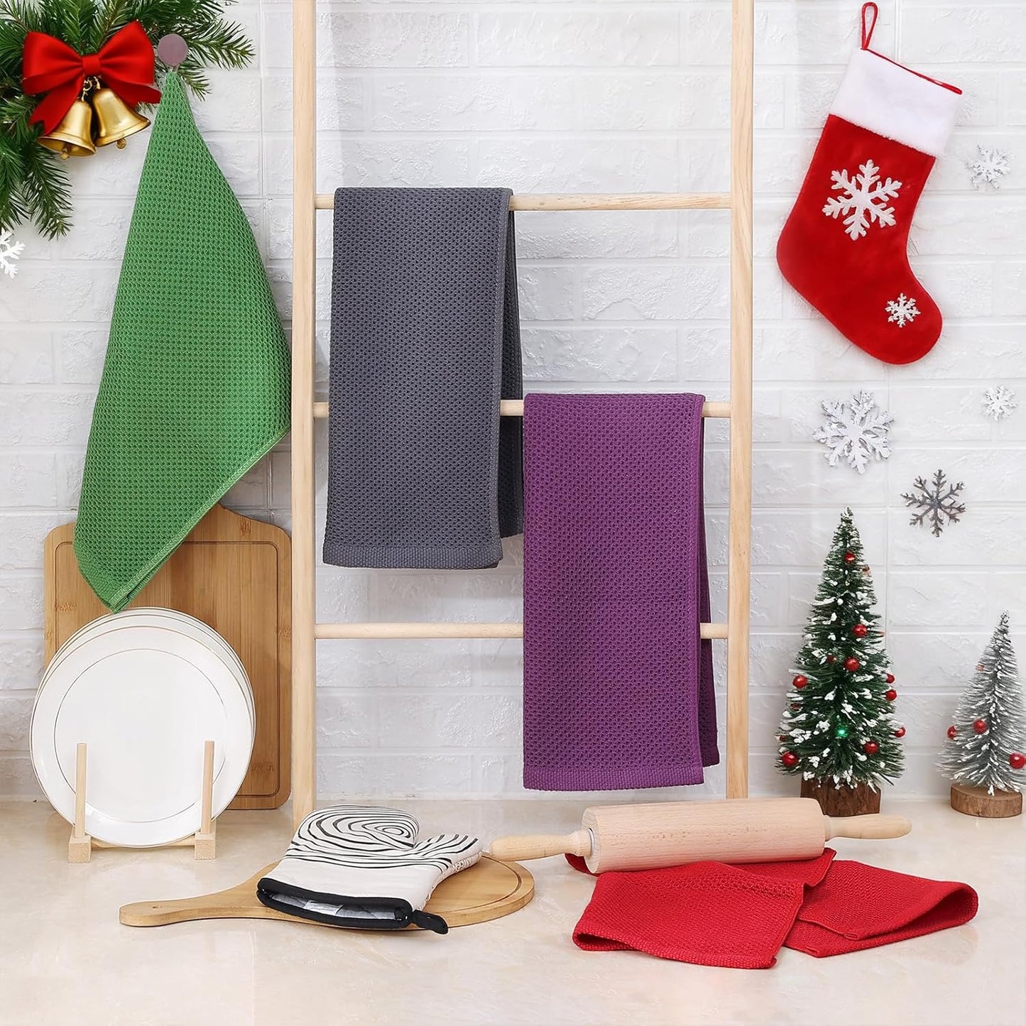 Homaxy 100% Cotton Waffle Weave Kitchen Dish Towels, Ultra Soft Absorbent Quick Drying Cleaning Towel, 13 x 28 Inches, 4-Pack, Grass Green