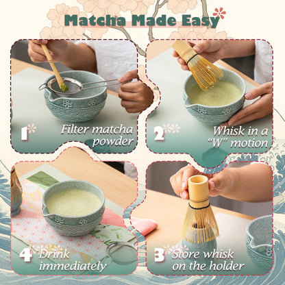 Matcha Tea Set, 8 Pcs Japanese Matcha Kit with Cherry Blossom and Wave Design Ceramic Bowl, Bamboo Whisk, Whisk Holder, Scoop, Sifter, Brush, Matcha Kit Set for Matcha Lovers (Blue)