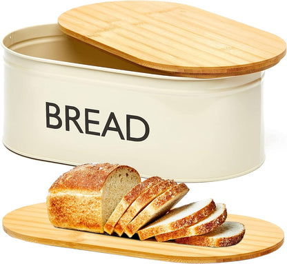 RoyalHouse Premium Metal Bread Box with Bamboo Lid (Pack of 2) Stainless Steel Large Bread Bin Storage Container And Organizer for Kitchen Countertop, Vintage Style Kitchen Decor