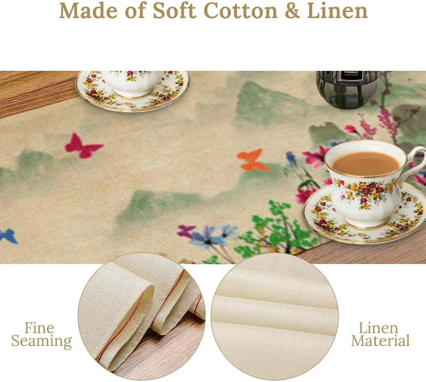 Butterfly Table Runner, Landscape Ancient Chinese Mountain Fall Seasonal Flowers Plants Trees Table Runner for Kitchen Home Party Dining Table Decor 13x36 Inch