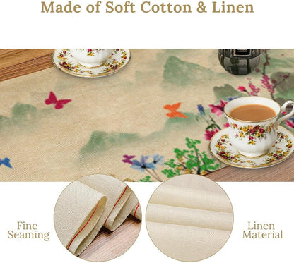 Butterfly Table Runner, Landscape Ancient Chinese Mountain Fall Seasonal Flowers Plants Trees Table Runner for Kitchen Home Party Dining Table Decor 13x36 Inch