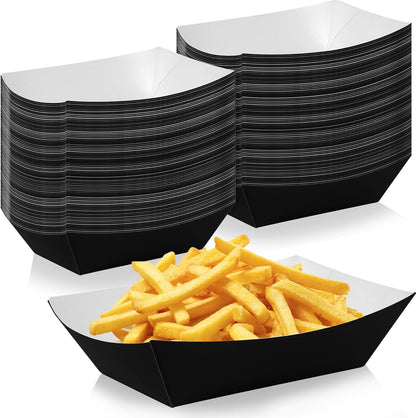 100 Pcs Black Paper Food Tray Sturdy Disposable Food Boats Nacho Plates Disposable Serving Snack Trays for Catering, Party Birthday Supplies, and Food Service (Black)