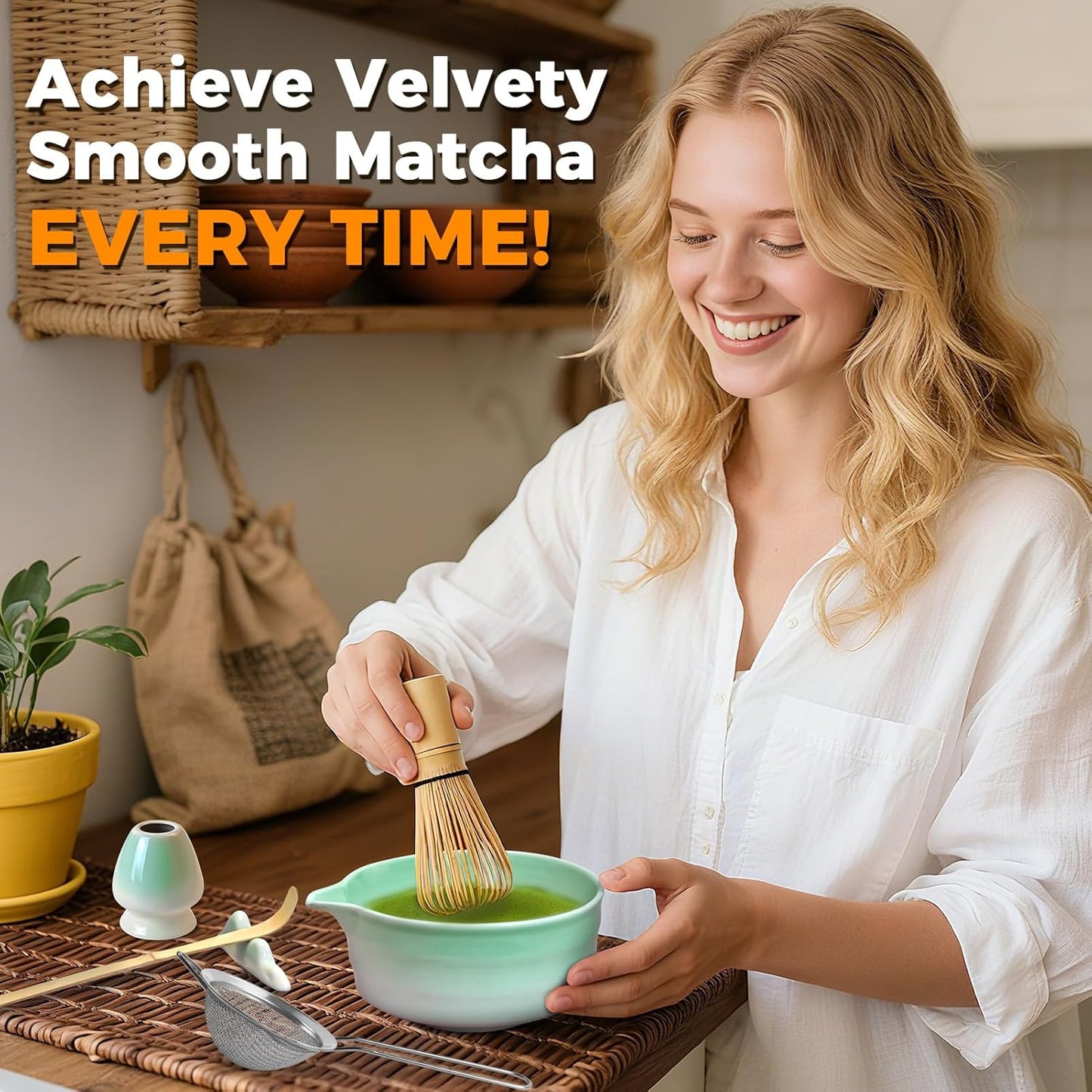 Evoio Matcha Set, 10 Pcs Japanese Matcha Whisk Set with Ceramic Bowl, Bamboo Whisk, Stainless Sifter, Scoop and Holder, Gift for Tea Lovers