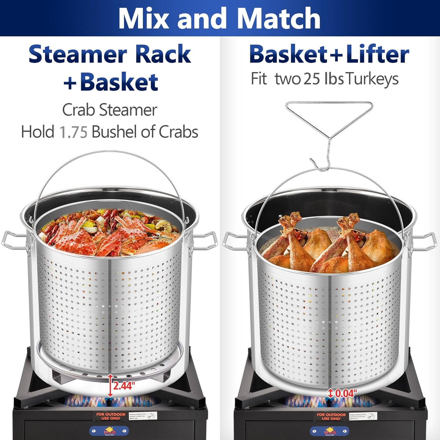 ARC 64quart Large Stainless Steel Stockpot with 48 inch Mixing Paddle for Seafood Boiler Crawfish Pot with Basket and Steam Rack, Stir Paddle for Large Batch Cooking Crab Lobster Shrimp, and Tamales