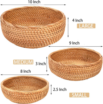 Jucoan 3 Pack Round Rattan Fruits Bread Baskets, Vintage Hand-woven Wicker Fruit Serving Baskets Bowls for Candy, Snack, Keys, Kitchen Countertop, 3 Size