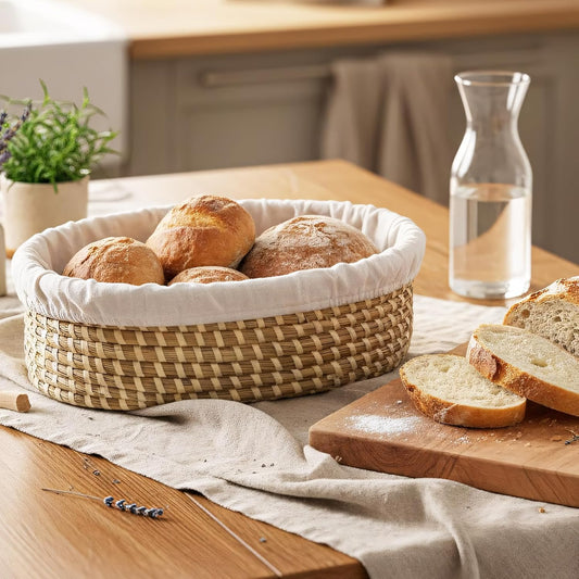 Bread Warmer Basket with Stone (Large Oval 13.8 x 9.5) - Bread Baskets for Serving with Liner, Lid & Heat-Resistant Glove, Terracotta Serving Basket for Rolls & Tortillas, Housewarming & Kitchen Gifts