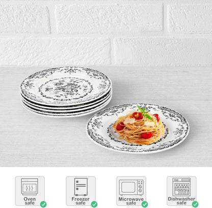 Dinner Plates Set of 6, Ceramic Kitchen Plates Microwave Safe Plates, 10.5 Inch Porcelain Dinner Plates Floral, Black