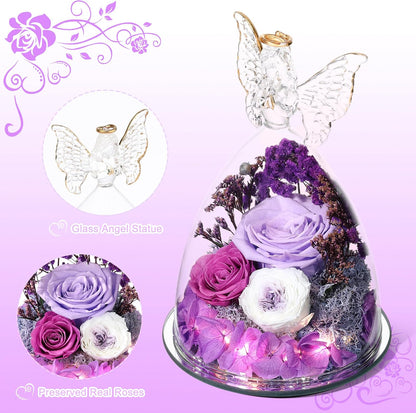 Christmas Rose Gifts for Women Preserved Real Flower in Glass Angel Figurines Roses for Delivery Prime Birthday Gifts for Mom Grandma Girlfriend Wife Her, Light Purple Austin Roses