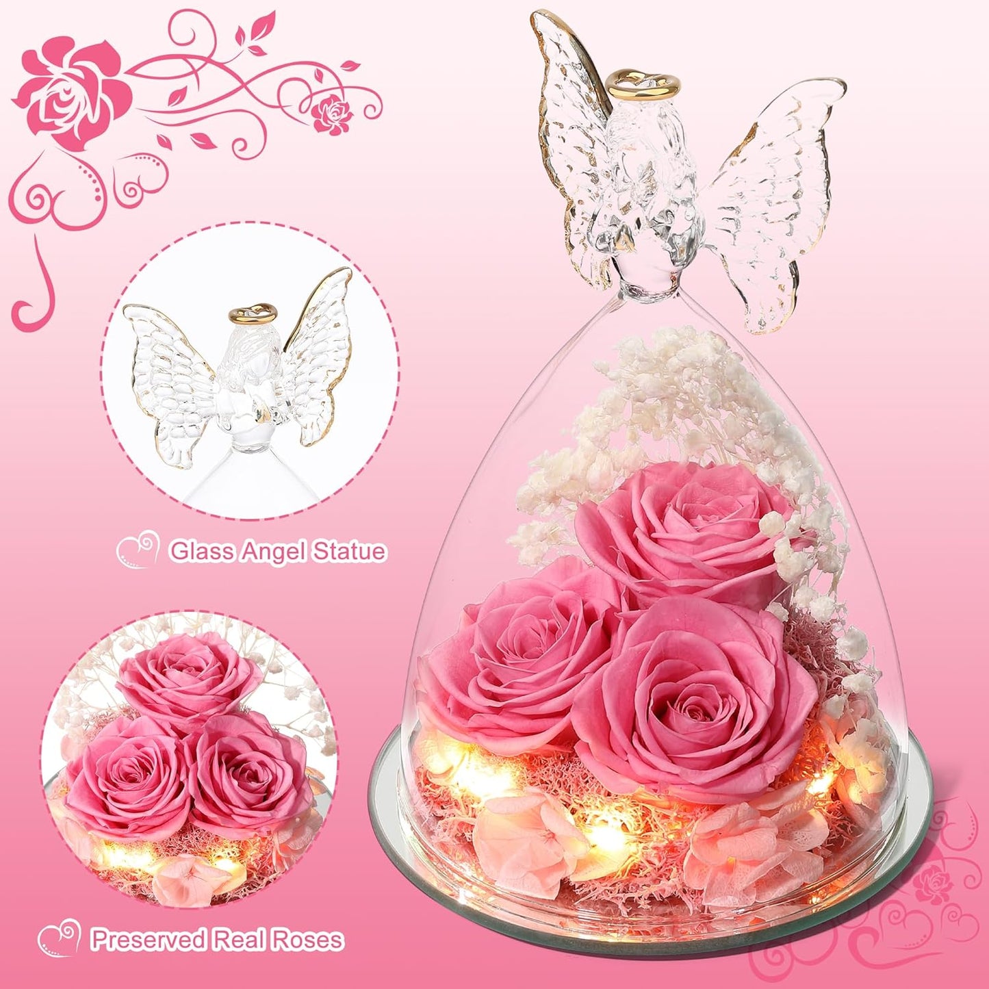 Christmas Rose Gifts for Women Preserved Real Flower in Glass Angel Figurines Roses for Delivery Prime Birthday Gifts for Mom Grandma Girlfriend Wife Her, Sweet Pink