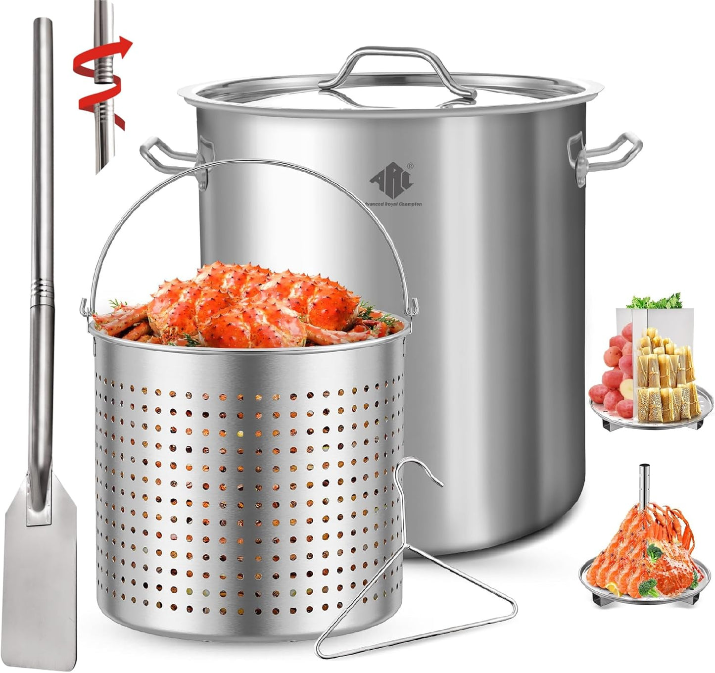 ARC 84quart Large Stainless Steel Stockpot with 48 inch Mixing Paddle for Seafood Boiler Crawfish Pot with Basket and Steam Rack, Stir Paddle for Large Batch Cooking Crab Lobster Shrimp, and Tamales
