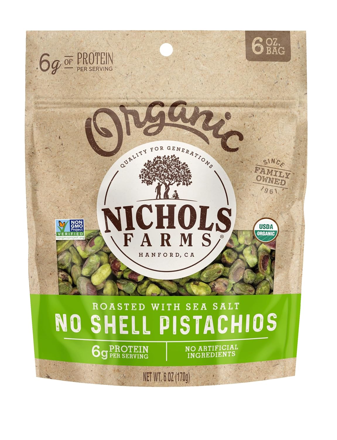 Nichols Farms Roasted with Sea Salt No Shell Pistachios, Kosher, USDA Certified Organic, Non-GMO, 6 Oz (Pack of 3)