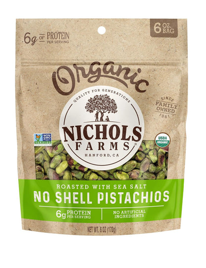 Nichols Farms Roasted with Sea Salt No Shell Pistachios, Kosher, USDA Certified Organic, Non-GMO, 6 Oz (Pack of 3)