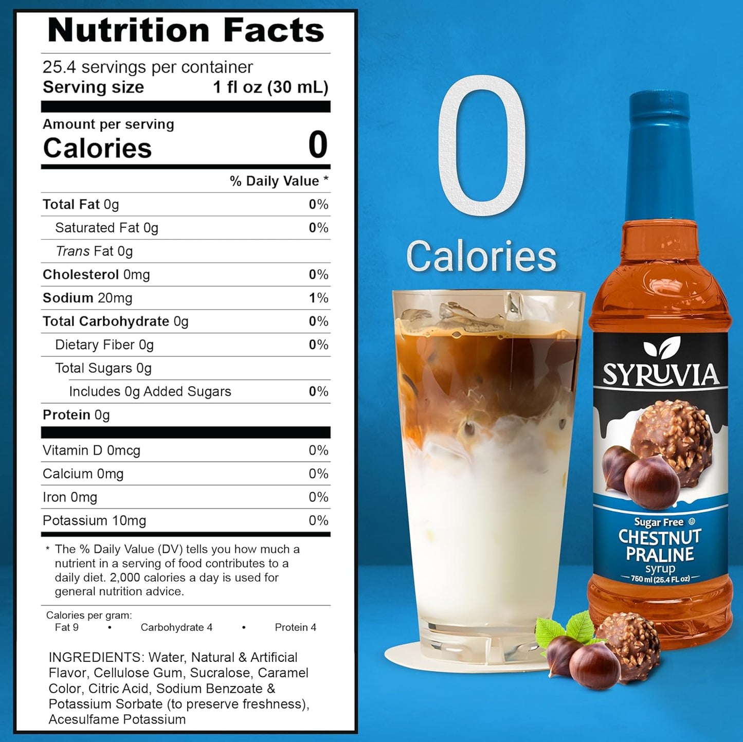 Syruvia Sugar Free Coffee Syrup, Chestnut Praline Flavored Syrup for Drinks, Lattes, and Desserts – 25.4 fl oz