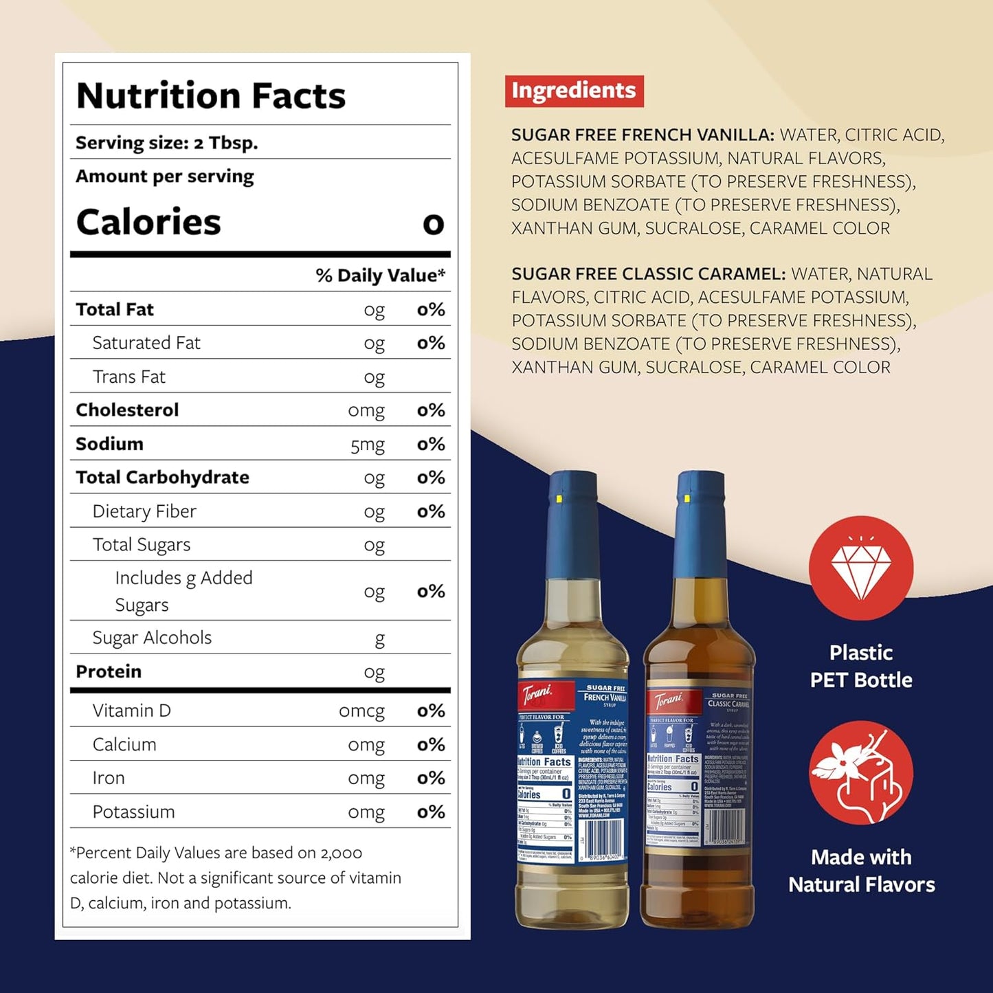 Torani Sugar Free Classic Caramel Syrup and Sugar Free French Vanilla Syrup Variety 2-Pack, Coffee Syrups for Drinks, Pumps Included, 25.4 Fl Oz Ea