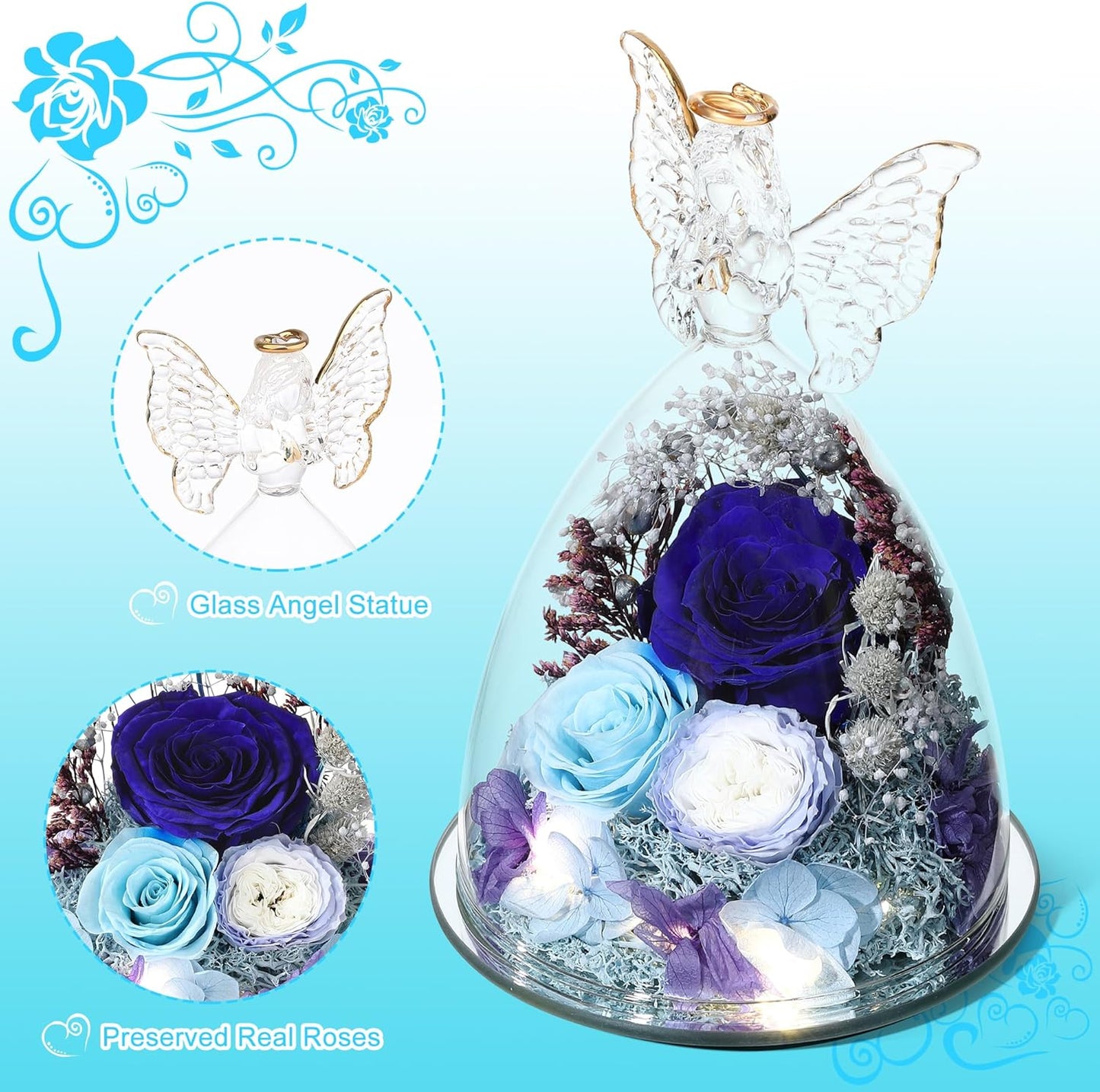 Christmas Rose Gifts for Women Preserved Real Flower in Glass Angel Figurines Roses for Delivery Prime Birthday Gifts for Mom Grandma Girlfriend Wife Her,Blue Austin Roses