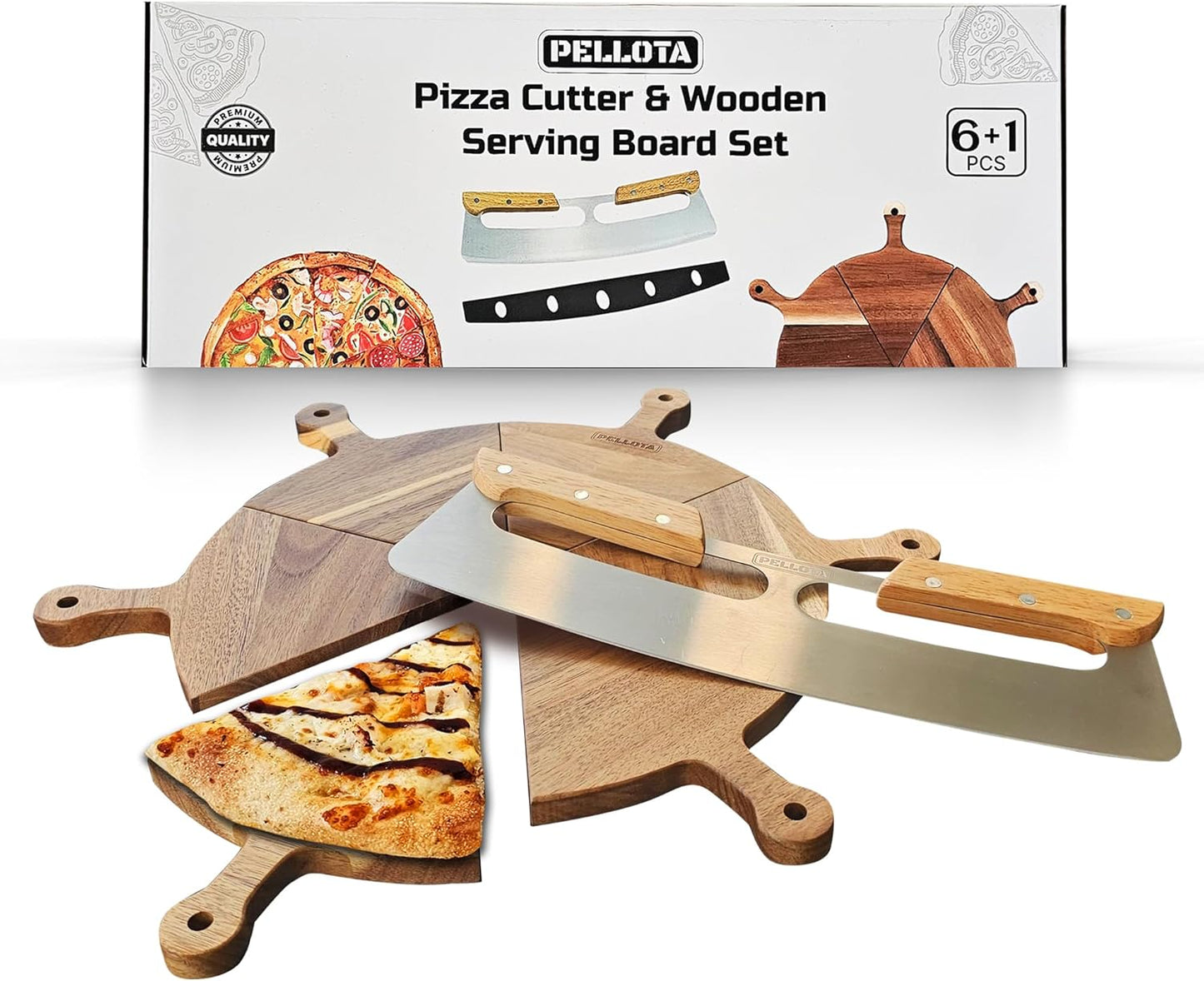 Premium Wooden Pizza Serving Board Set – 6 Slice Detachable Pizza Tray with Stainless Steel Rocker Knife, Pizza Slicer, Pizza Rocker for Parties & Gifts