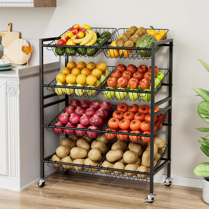 Evermagin 25.2''W Snack Cart, 4 Tier Kitchen Cart, Fruit Basket Stand, Vegetable Food Storage with 8 Stackable Wire Baskets for Onion Potato, Black