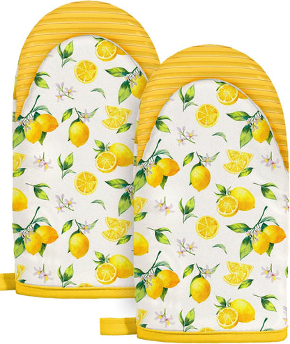Slohif Lemon Mini Oven Mitts Set – Yellow Extended Short Heat Resistant Kitchen Gloves for Women, 100% Cotton Oven Mitts with Silicone Grips, Non-Slip and Thick Durable for Cooking & Baking