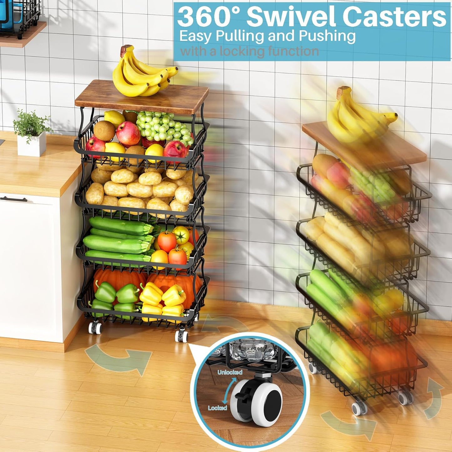 5 Tier Vegetable Fruit Basket for Kitchen, Stackable Metal Fruit and Vegetable Storage Baskets with Rolling Wheels Cart, Pantry organizers and storage for Kitchen Bathroom Livingroom Laundry room Cart