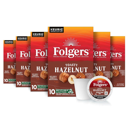 Folgers Toasty Hazelnut Artificially Flavored Coffee, Keurig K-Cup pods, 10 Count Box (Pack of 6)