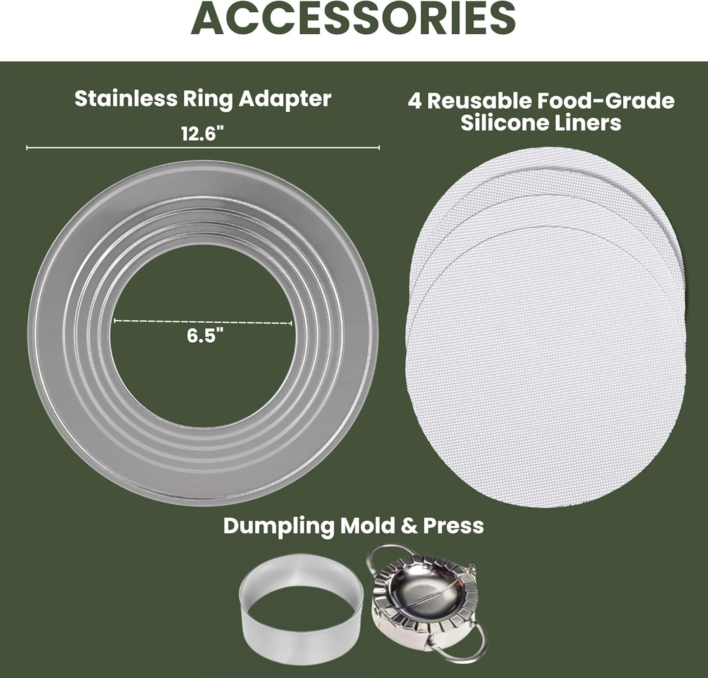 2-tier 12" Bamboo Steamer with Reinforcement & Handle, Reusable Silicone Liner & Accessories Kit For Cooking Dumpling, Baby Bao Bun, Dim Sum, Rice Potsticker Steaming Chinese Asian Food & Vegetables