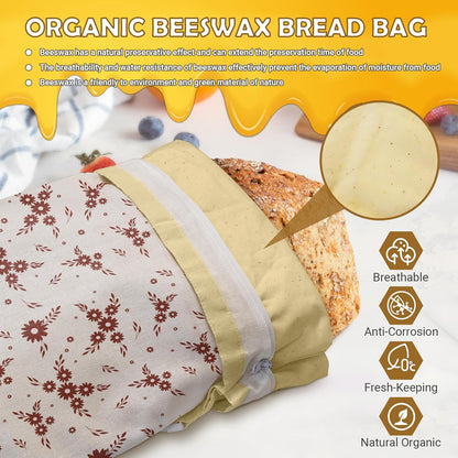 Large Linen Beeswax Bread Bags(2 Pack) Sourdough Bread Bags Reusable Double-Lock Freezer Baking Container Gift Giving for Homemade,Loaf,Sourdough,Food Storage (Flowers 2)